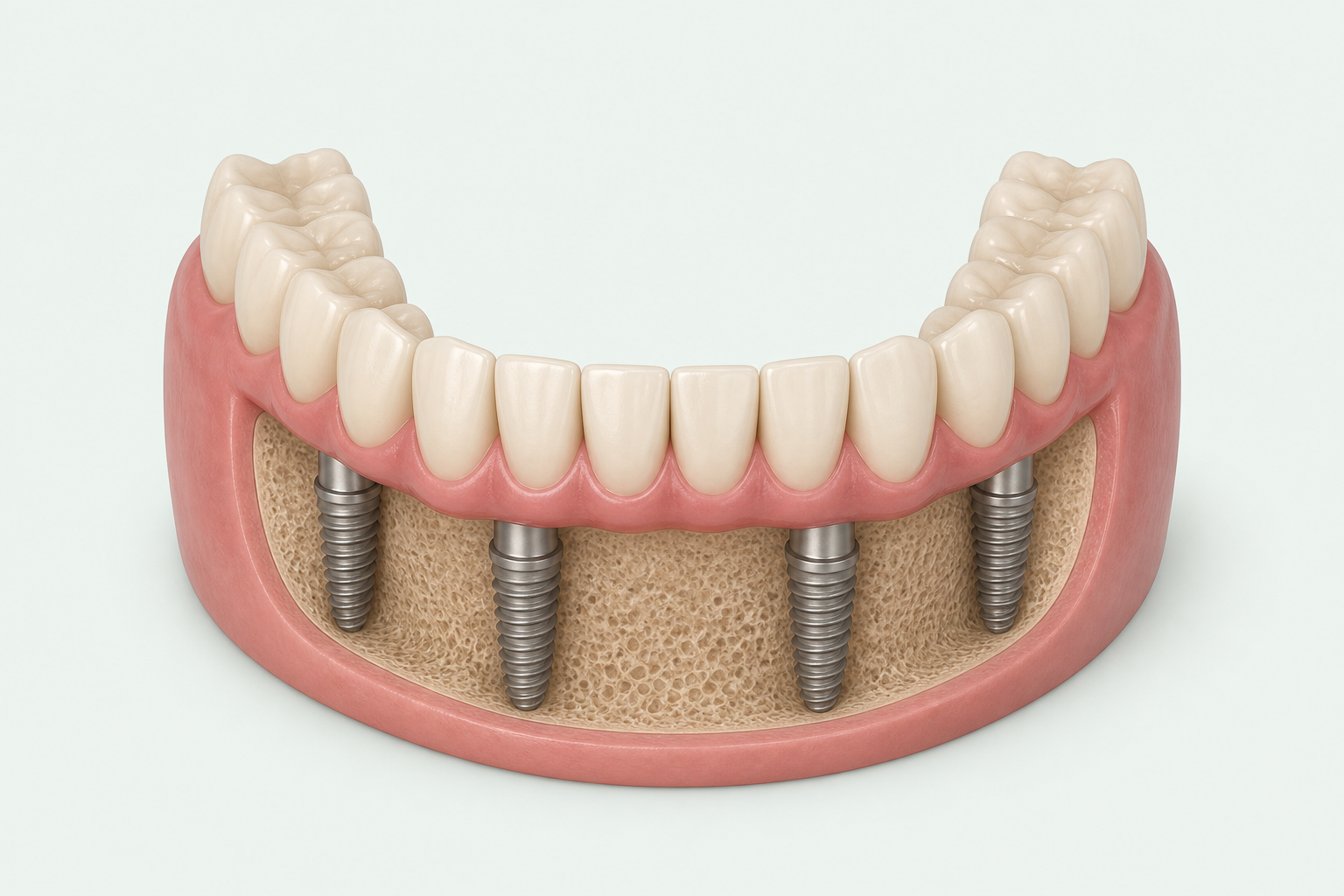 Illustrative dental model: a complete arch of teeth attached to supporting implants.