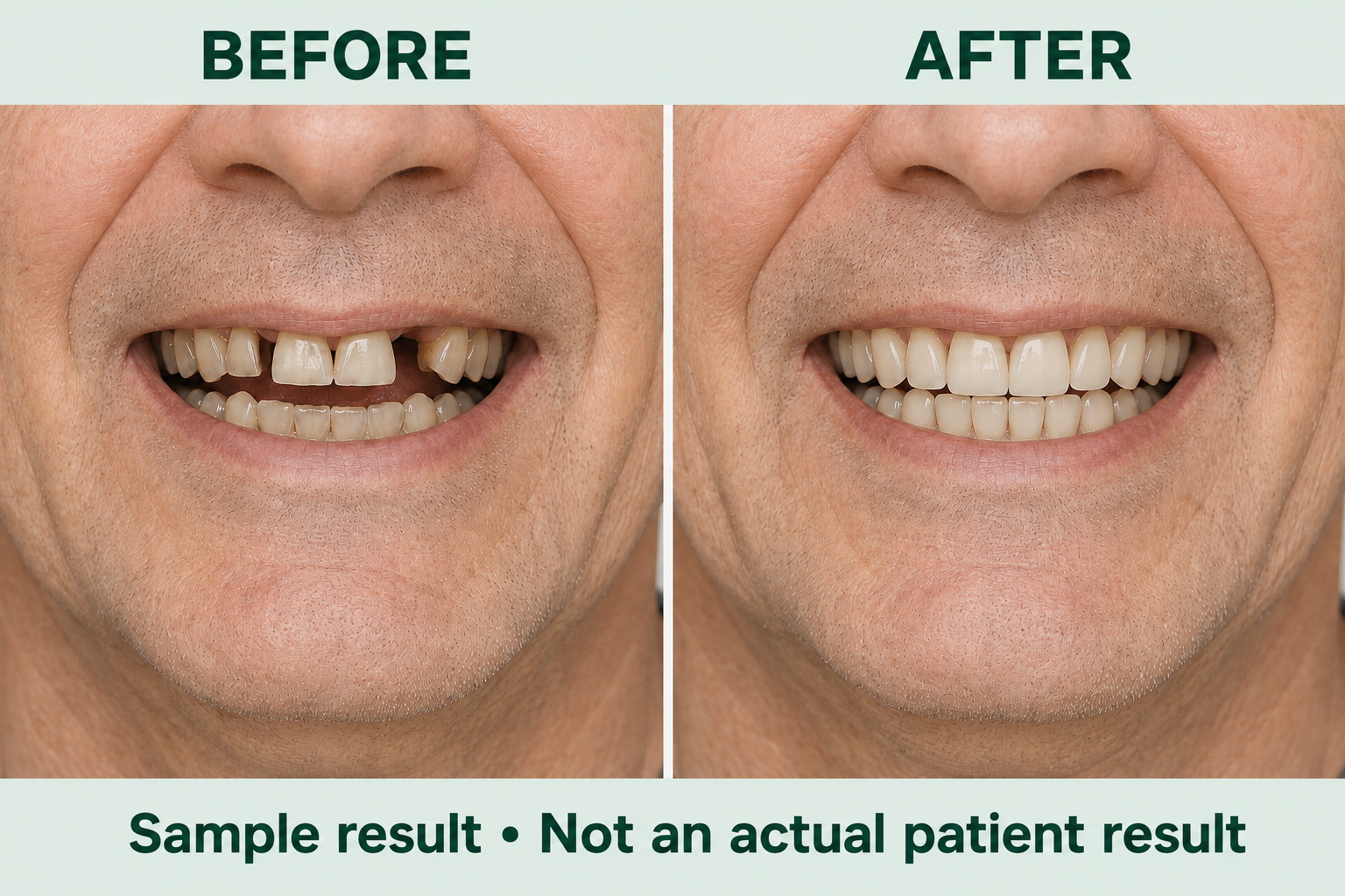 Sample before-and-after visualization of a full-arch smile restoration; not an actual patient result