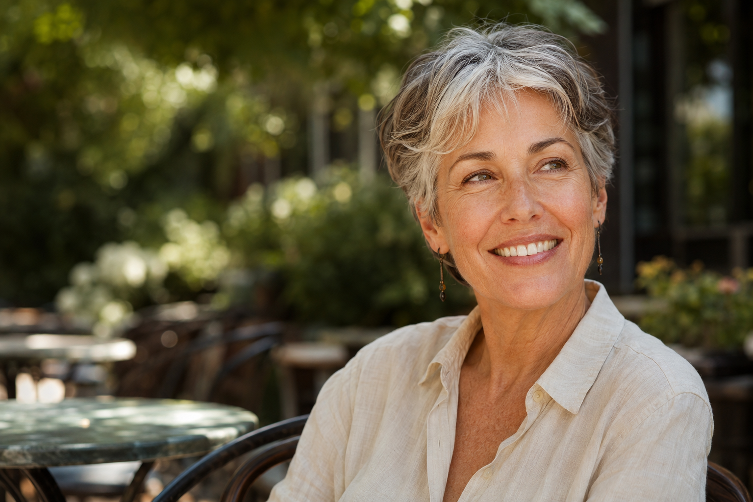 Illustrative portrait of a woman smiling outdoors