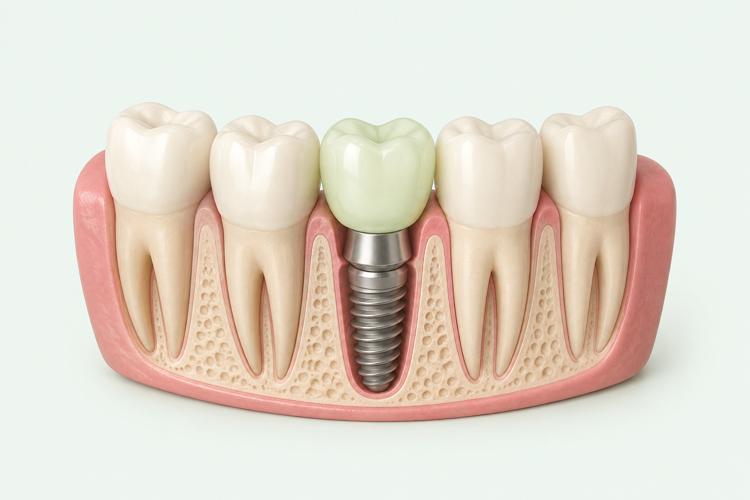 Illustrative dental model: one replacement crown on an implant between natural teeth.