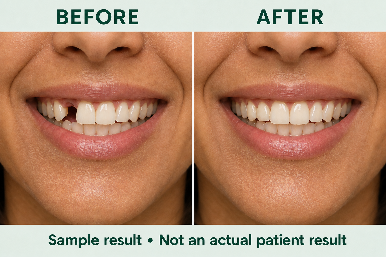 Sample before-and-after visualization of one missing tooth and its replacement; not an actual patient result