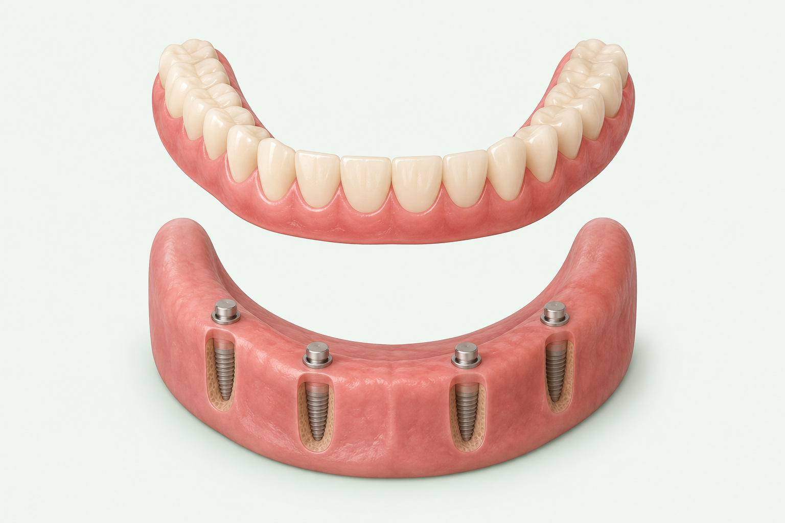 Illustrative dental model: a removable full denture lifted above implant attachments.